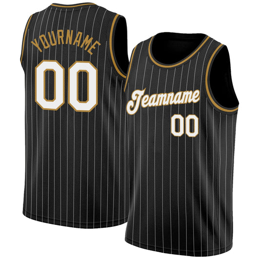 Custom Black White Pinstripe White-Old Gold Authentic Basketball Jersey - Sky-Custom