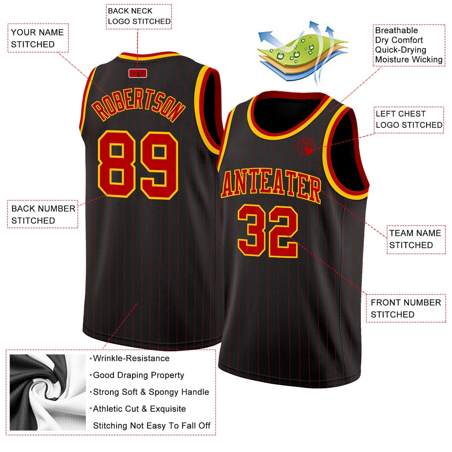 Custom Black Red Pinstripe Red-Gold Authentic Basketball Jersey - Sky-Custom