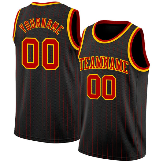 Custom Black Red Pinstripe Red-Gold Authentic Basketball Jersey - Sky-Custom