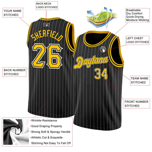 Custom Black White Pinstripe Gold-White Authentic Basketball Jersey - Sky-Custom