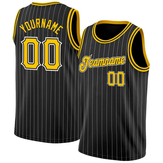 Custom Black White Pinstripe Gold-White Authentic Basketball Jersey - Sky-Custom