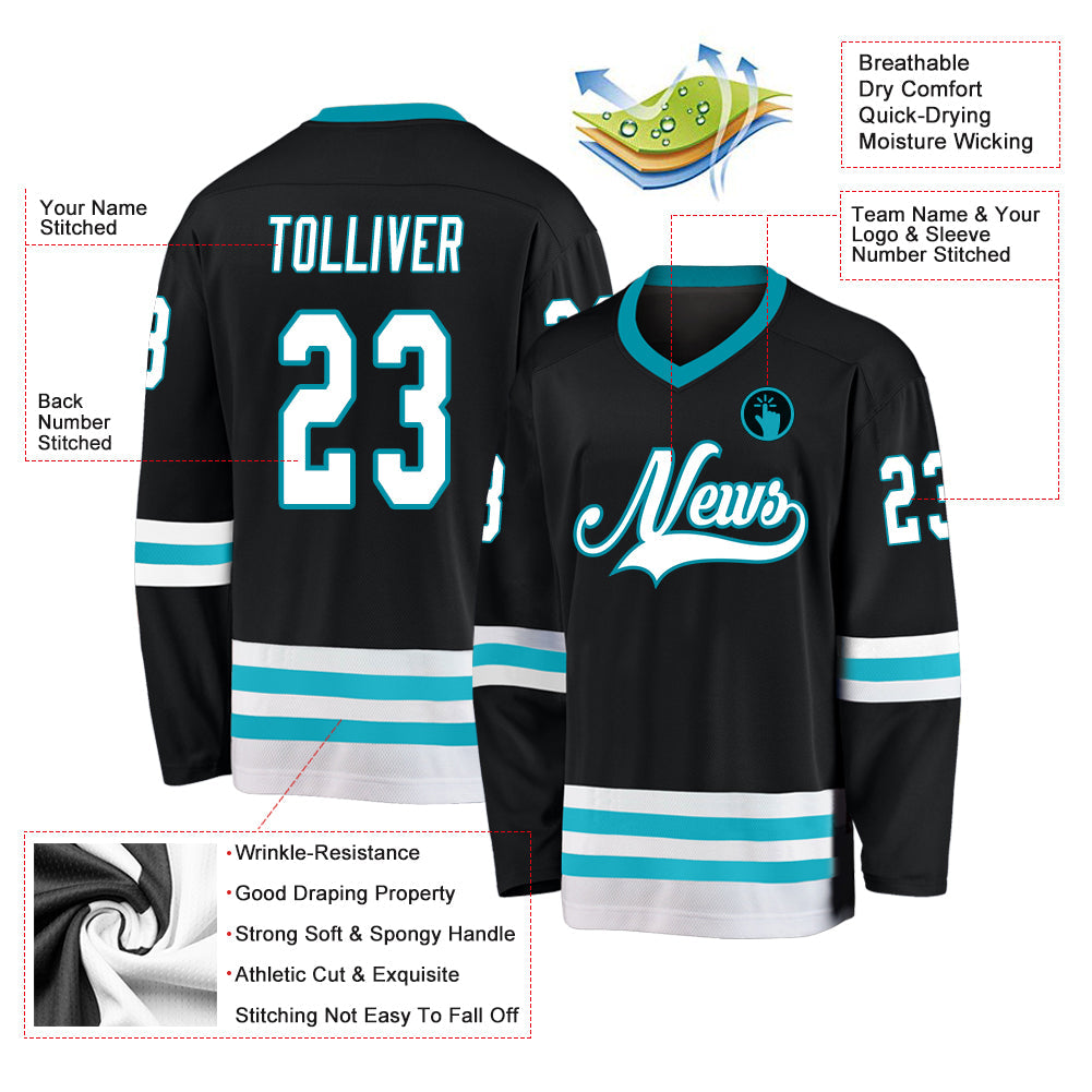 Custom Black White-Teal Hockey Jersey - Sky-Custom