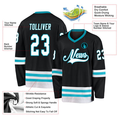Custom Black White-Teal Hockey Jersey - Sky-Custom