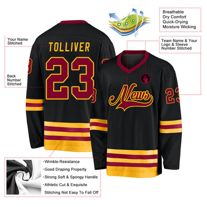 Custom Black Maroon-Gold Hockey Jersey - Sky-Custom