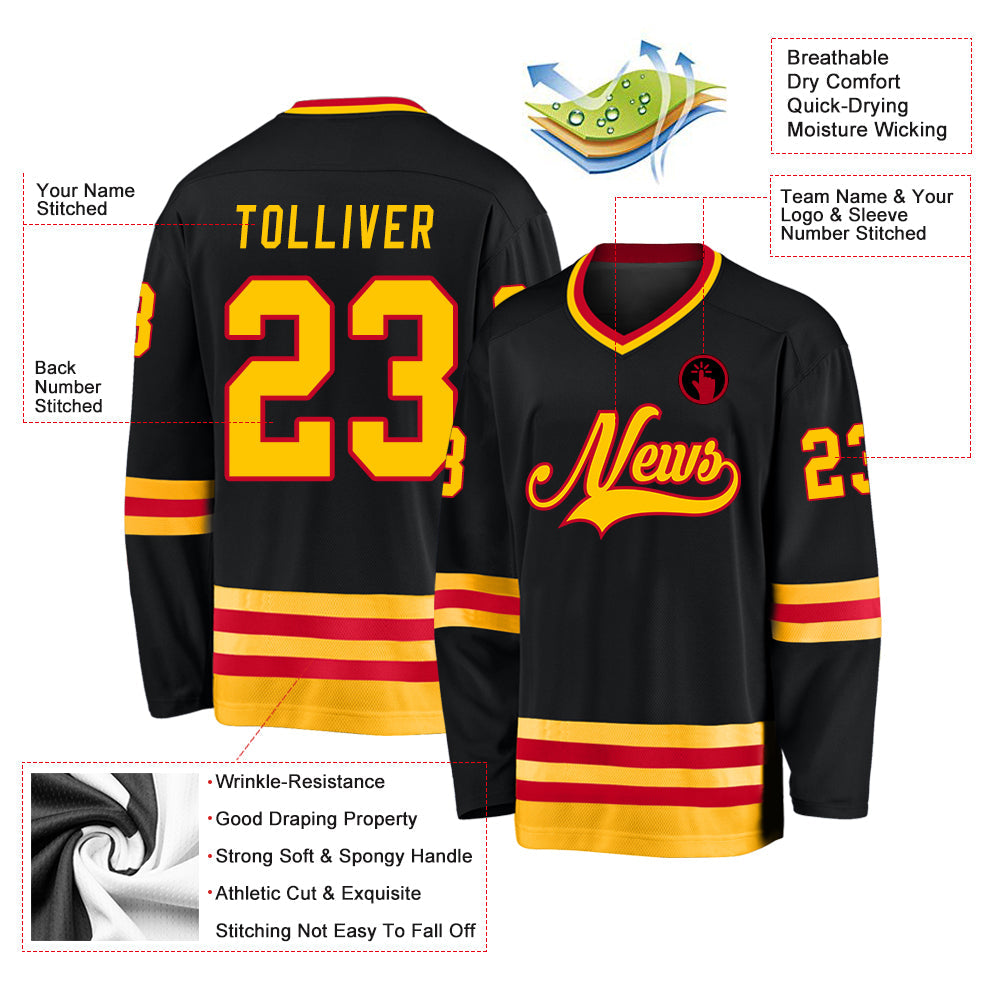 Custom Black Gold-Red Hockey Jersey - Sky-Custom