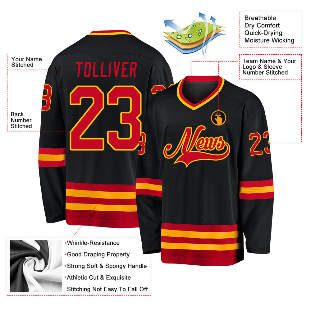 Custom Black Red-Gold Hockey Jersey - Sky-Custom
