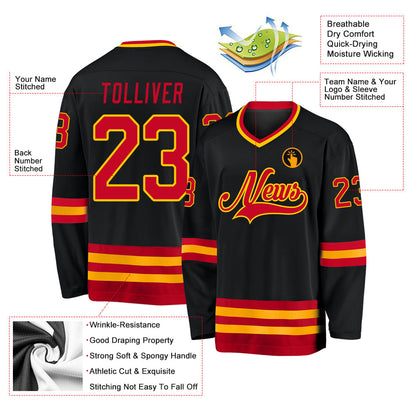 Custom Black Red-Gold Hockey Jersey - Sky-Custom
