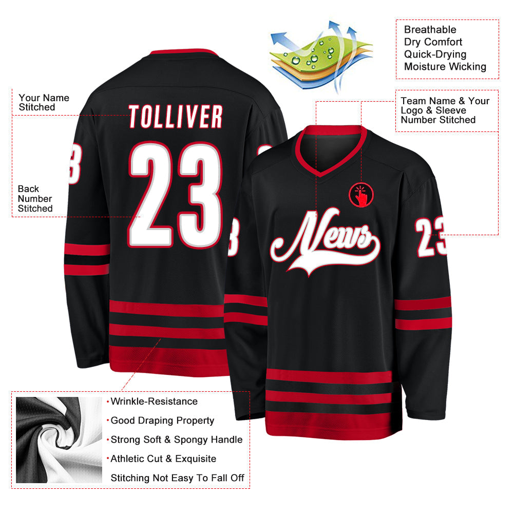 Custom Black White-Red Hockey Jersey - Sky-Custom
