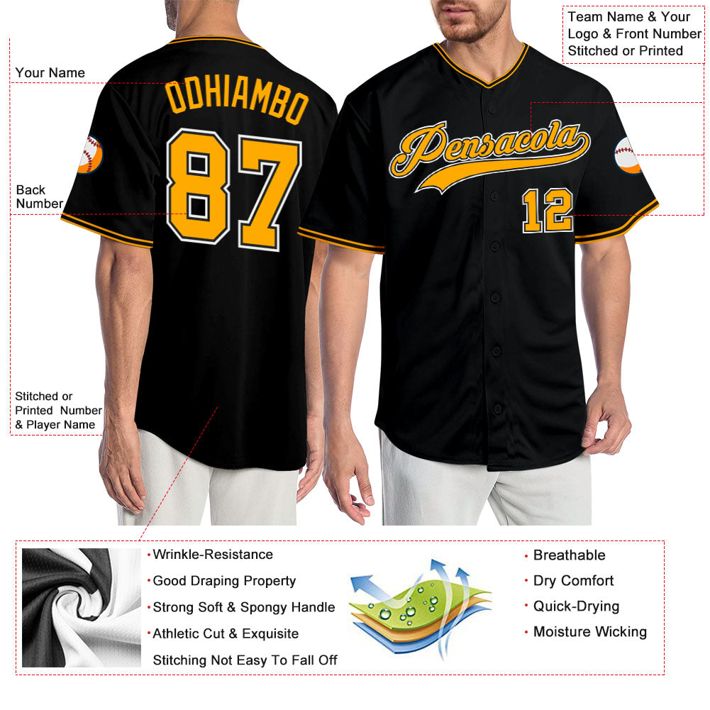Custom Black Gold-White Authentic Baseball Jersey - Sky-Custom