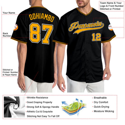 Custom Black Gold-White Authentic Baseball Jersey - Sky-Custom