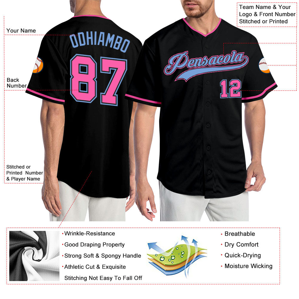 Custom Black Pink-Light Blue Authentic Baseball Jersey - Sky-Custom