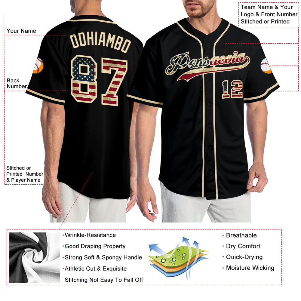 Custom Black Vintage USA Flag-Cream Authentic Baseball Jersey - Sky-Custom