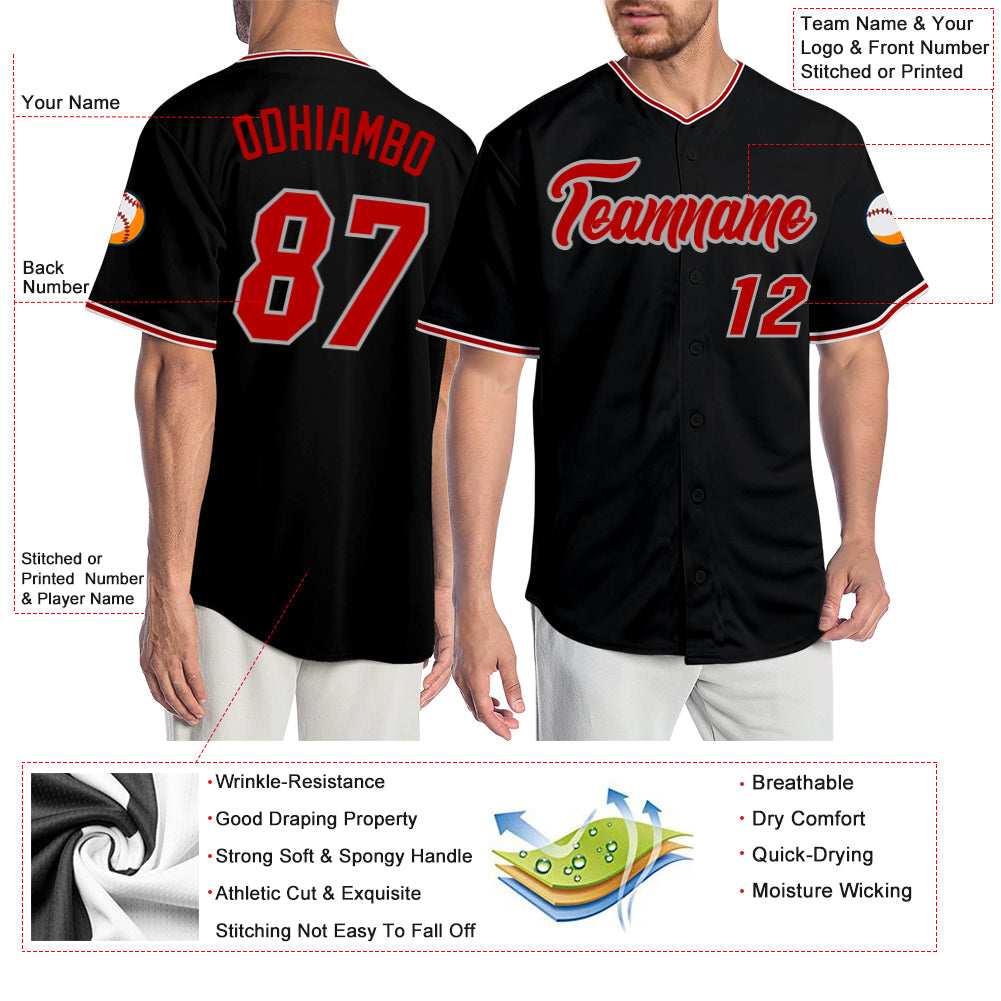 Custom Black Red-Gray Authentic Baseball Jersey - Sky-Custom