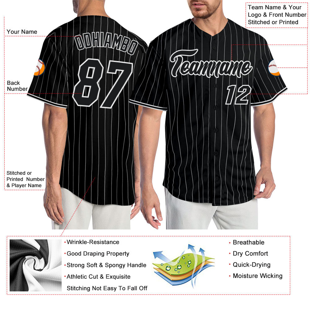 Custom Black White Pinstripe Black-White Authentic Baseball Jersey - Sky-Custom