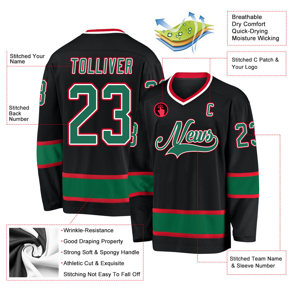 Custom Black Kelly Green-Red Hockey Jersey - Sky-Custom
