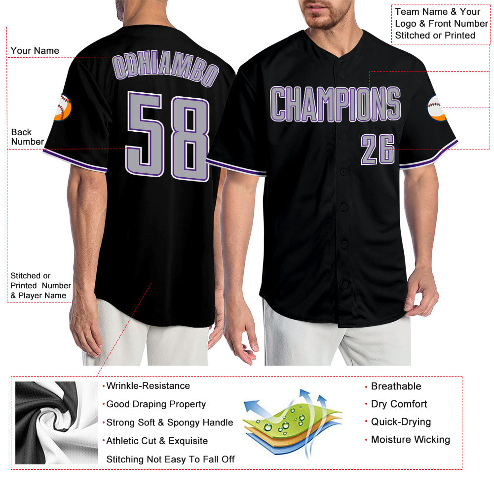 Custom Black Gray-Purple Authentic Baseball Jersey - Sky-Custom