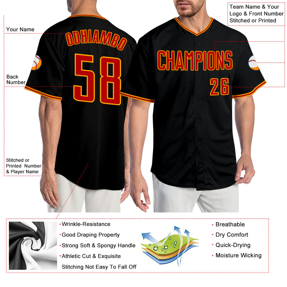 Custom Black Red-Gold Authentic Baseball Jersey - Sky-Custom