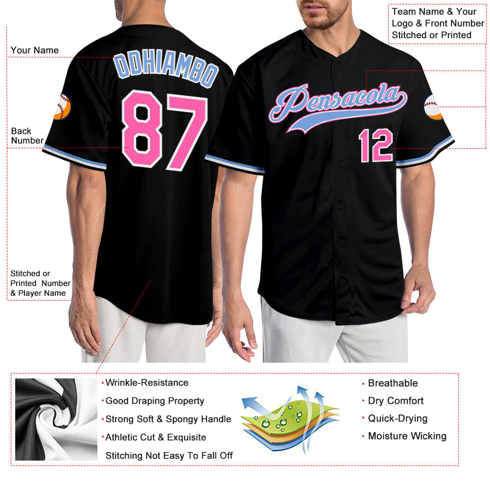 Custom Black Pink-Light Blue Authentic Baseball Jersey - Sky-Custom