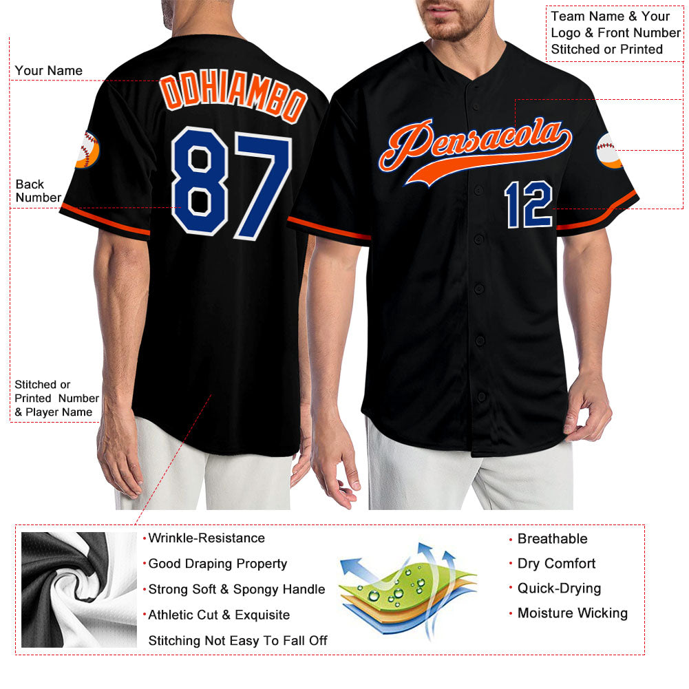 Custom Black Royal-Orange Authentic Baseball Jersey - Sky-Custom