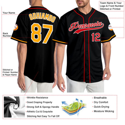 Custom Black Gold-Red Authentic Baseball Jersey - Sky-Custom