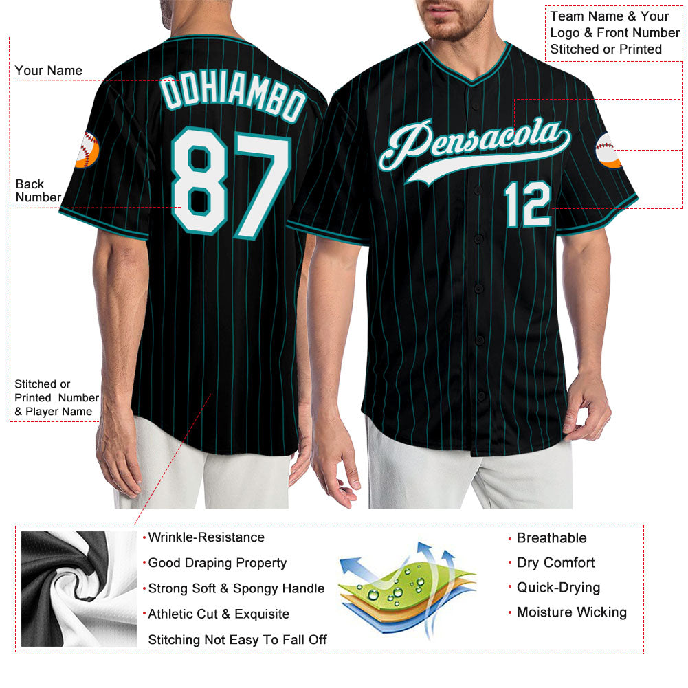 Custom Black Teal Pinstripe White-Teal Authentic Baseball Jersey - Sky-Custom