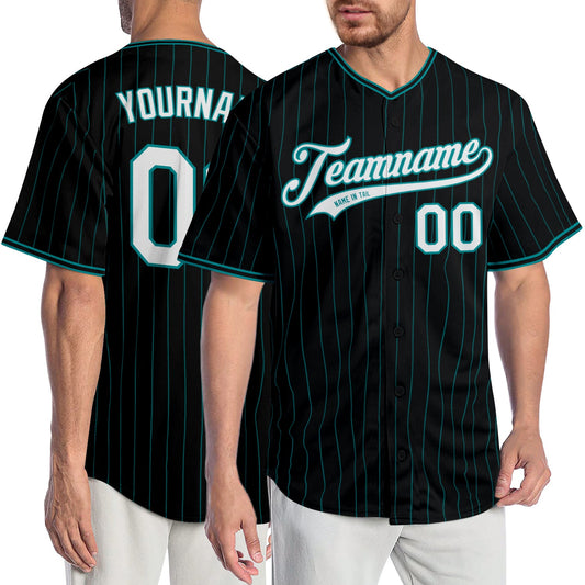 Custom Black Teal Pinstripe White-Teal Authentic Baseball Jersey - Sky-Custom