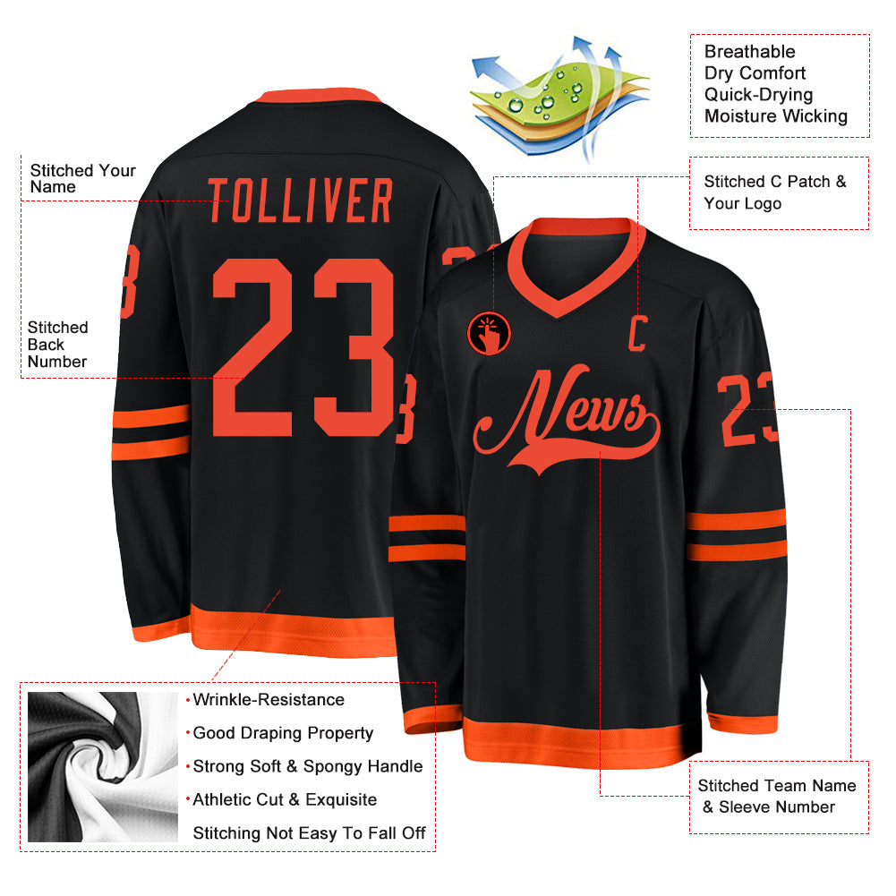 Custom Black Orange Hockey Jersey - Sky-Custom