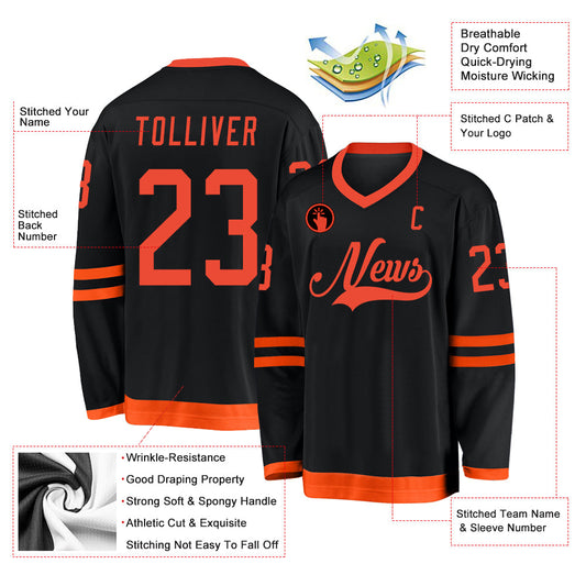 Custom Black Orange Hockey Jersey - Sky-Custom