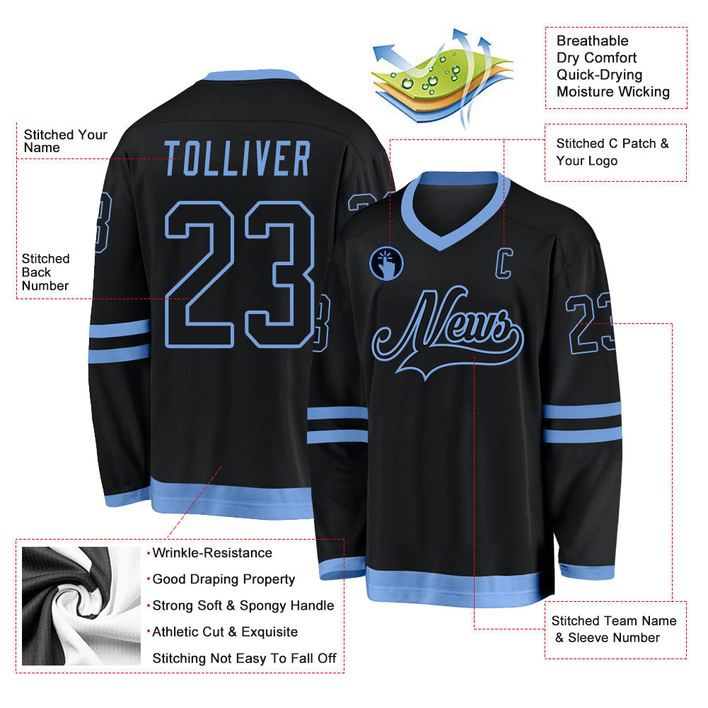 Custom Black Black-Light Blue Hockey Jersey - Sky-Custom