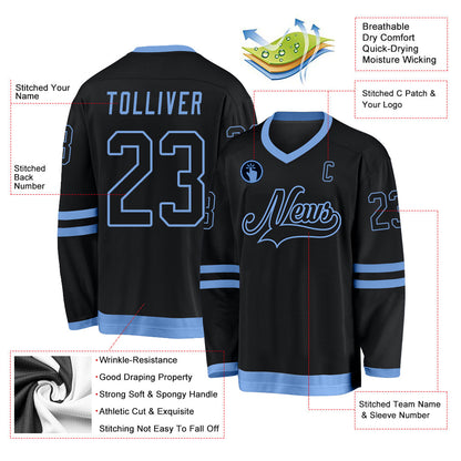 Custom Black Black-Light Blue Hockey Jersey - Sky-Custom