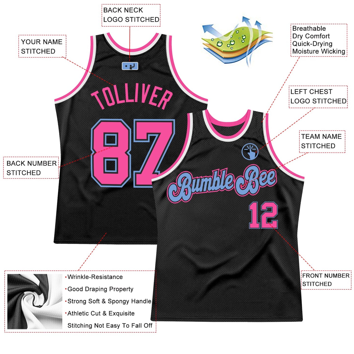 Custom Black Pink-Light Blue Authentic Throwback Basketball Jersey - Sky-Custom