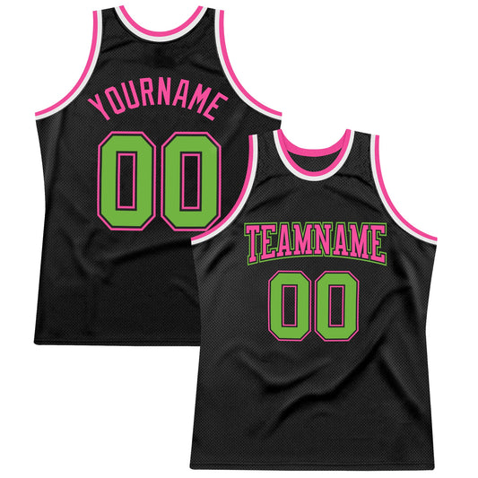 Custom Black Neon Green-Pink Authentic Throwback Basketball Jersey - Sky-Custom