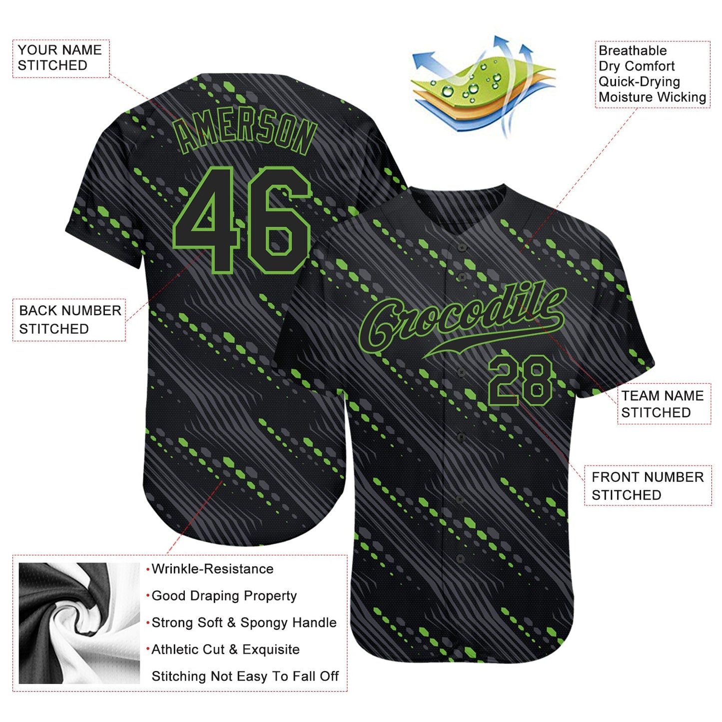Custom Black Black-Neon Green 3D Pattern Design Authentic Baseball Jersey - Sky-Custom