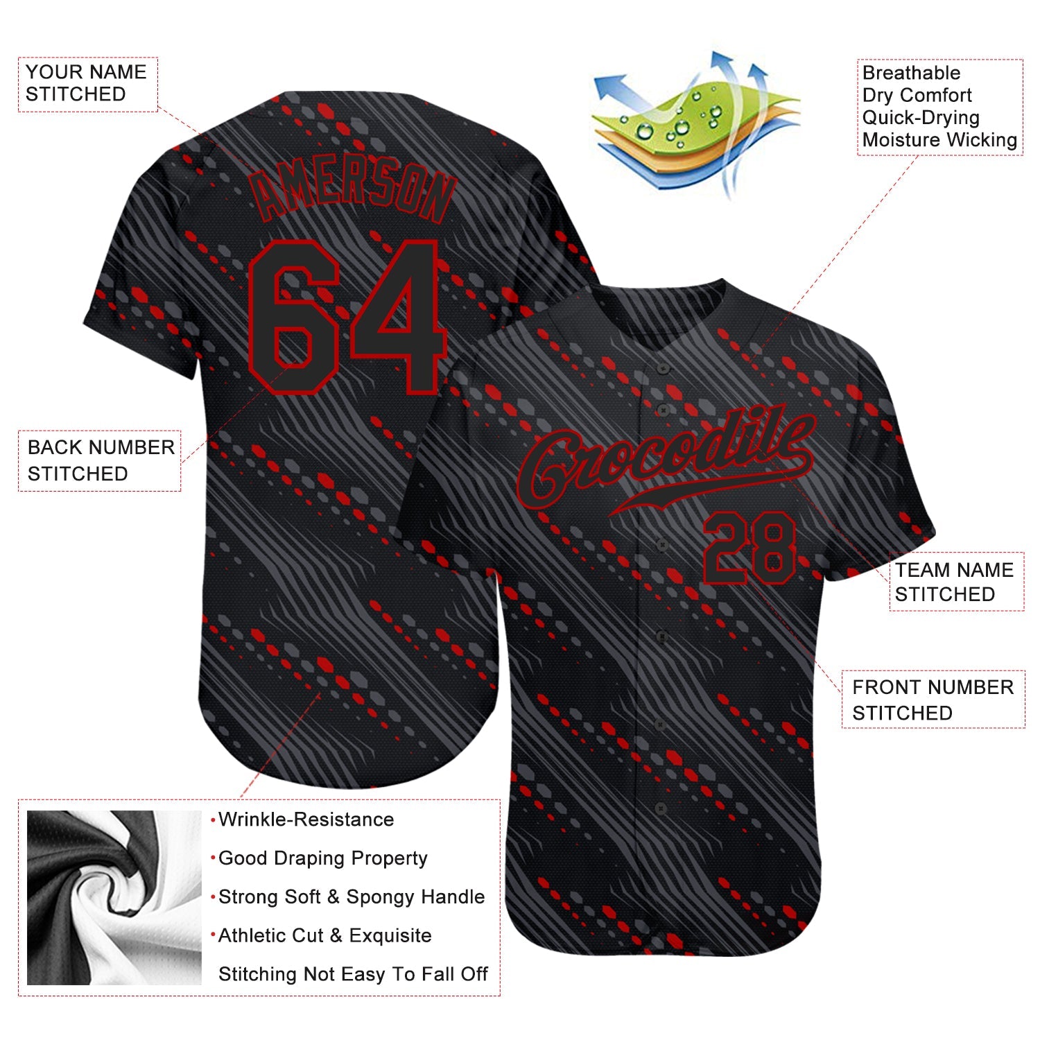 Custom Black Black-Red 3D Pattern Design Authentic Baseball Jersey - Sky-Custom