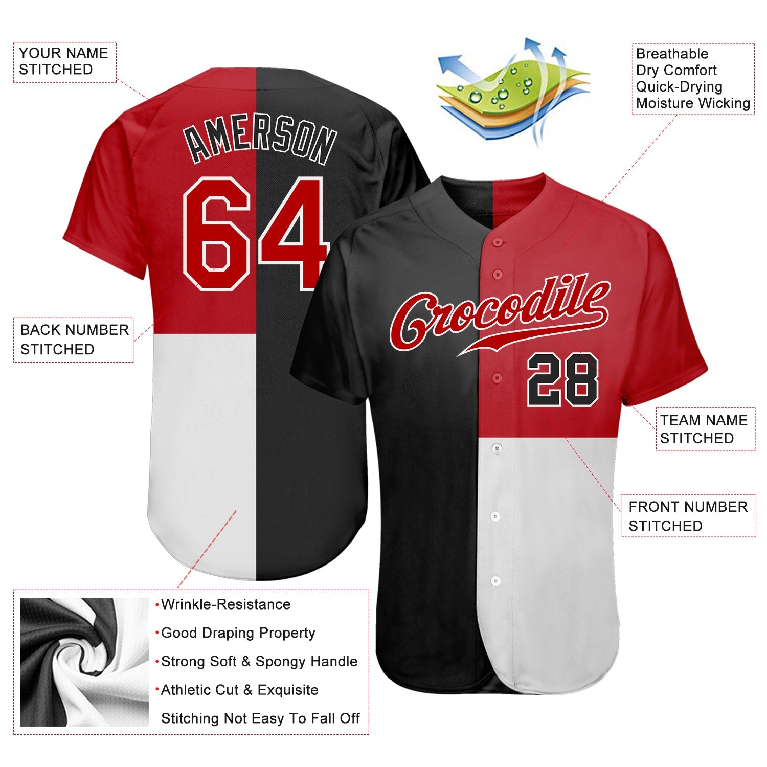 Custom Black Red-White 3D Pattern Design Multicolor Authentic Baseball Jersey - Sky-Custom