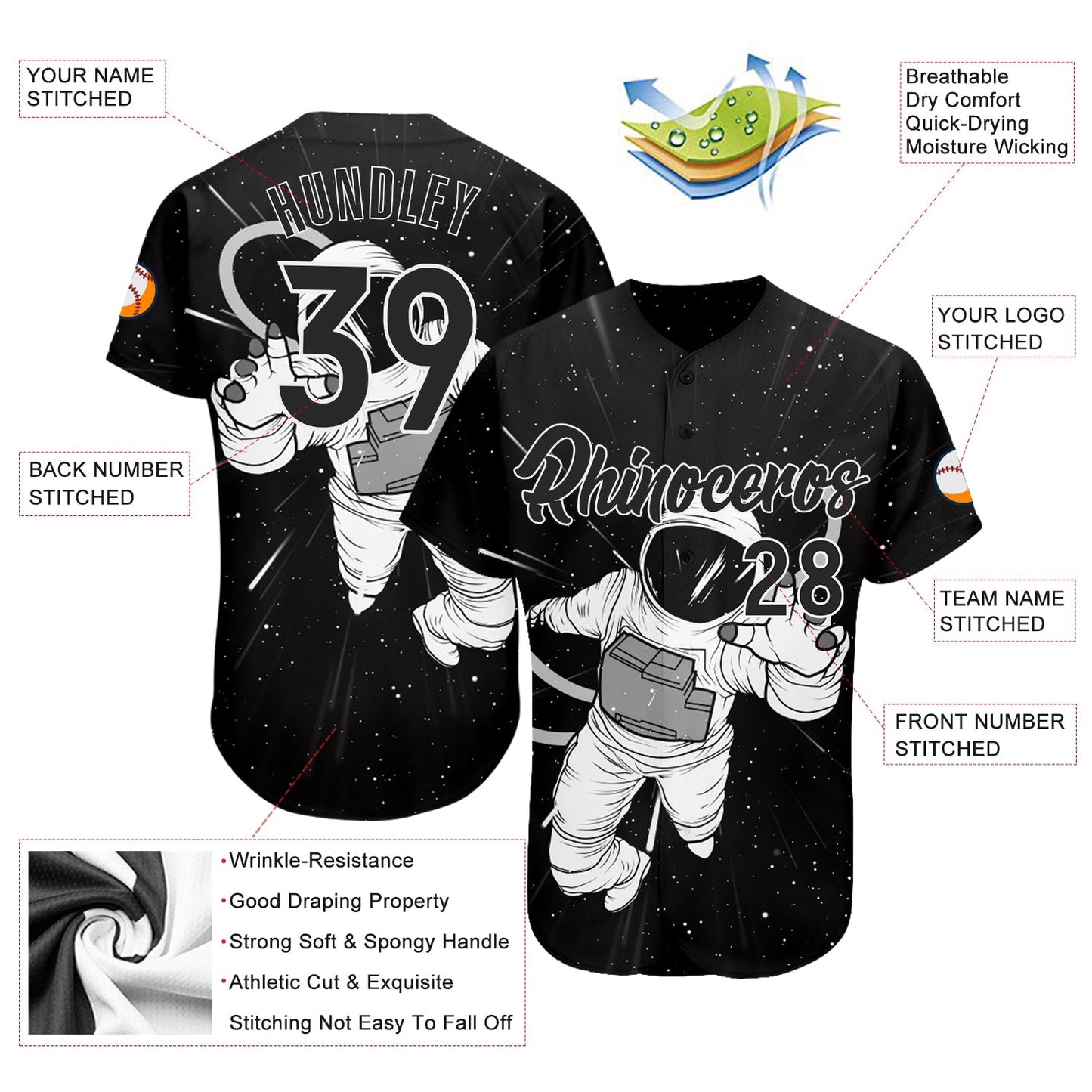 Custom Black Black-White 3D Pattern Design Astronaut Authentic Baseball Jersey - Sky-Custom