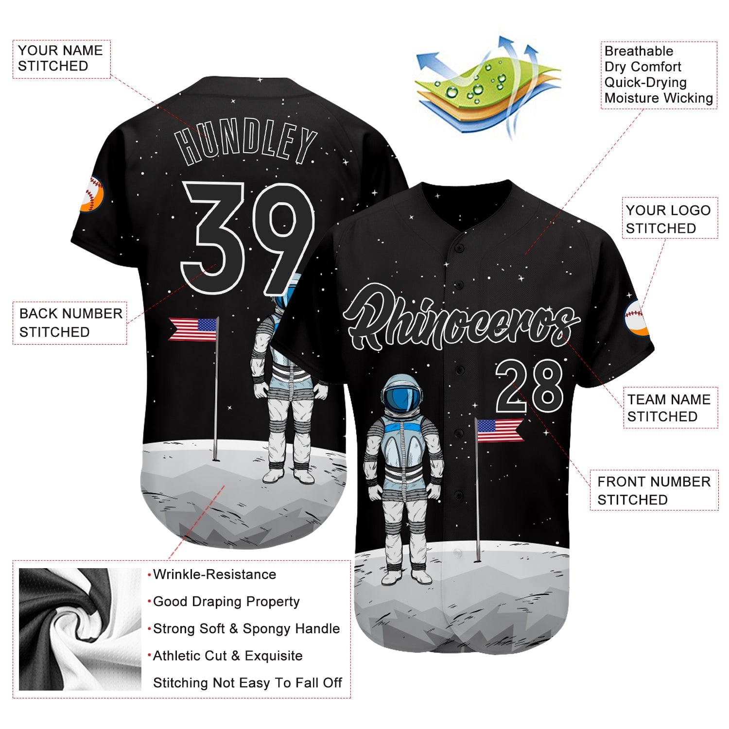 Custom Black Black-White 3D Pattern Design Astronaut Authentic Baseball Jersey - Sky-Custom