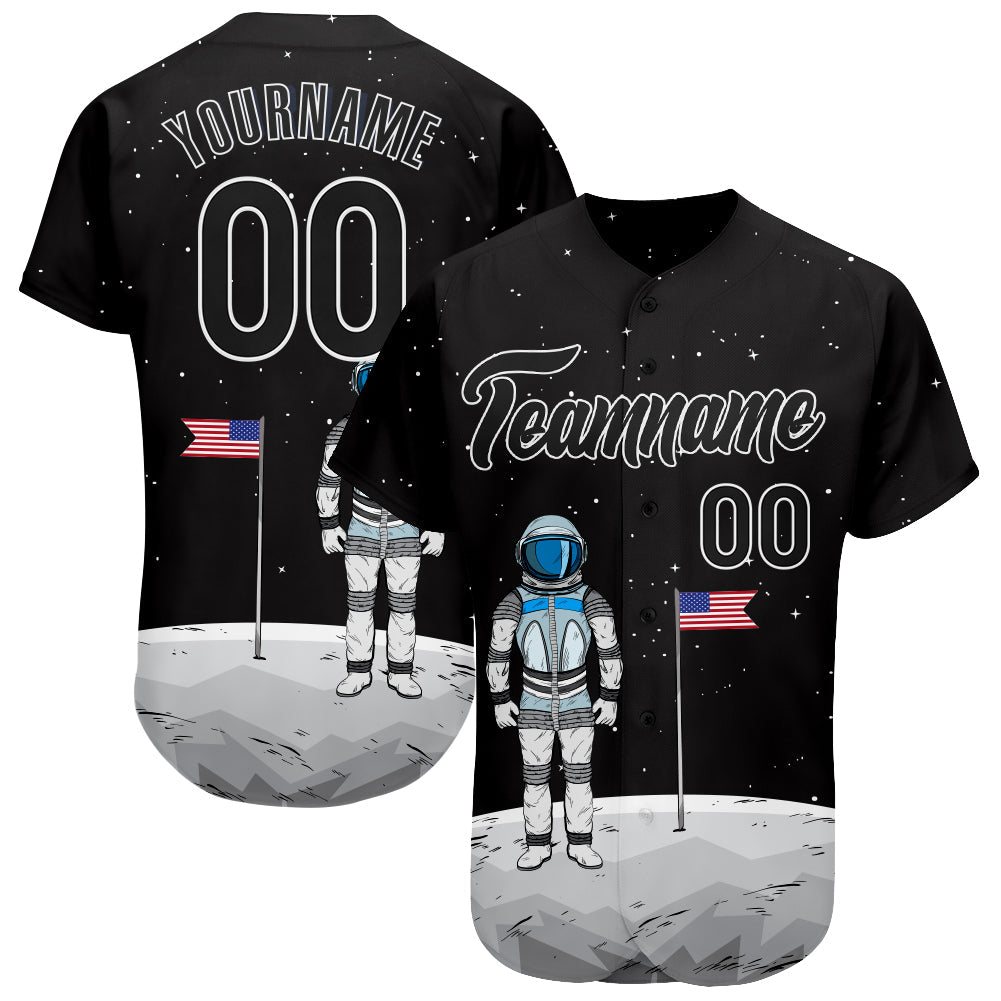 Custom Black Black-White 3D Pattern Design Astronaut Authentic Baseball Jersey - Sky-Custom