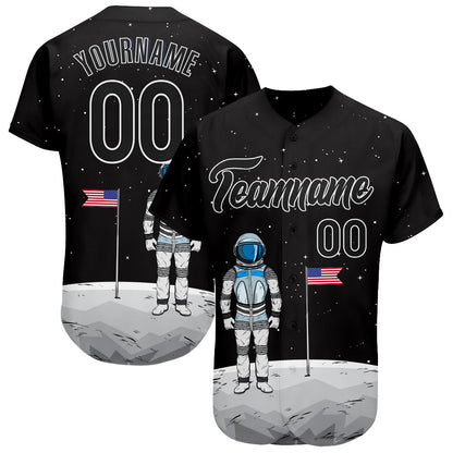 Custom Black Black-White 3D Pattern Design Astronaut Authentic Baseball Jersey - Sky-Custom