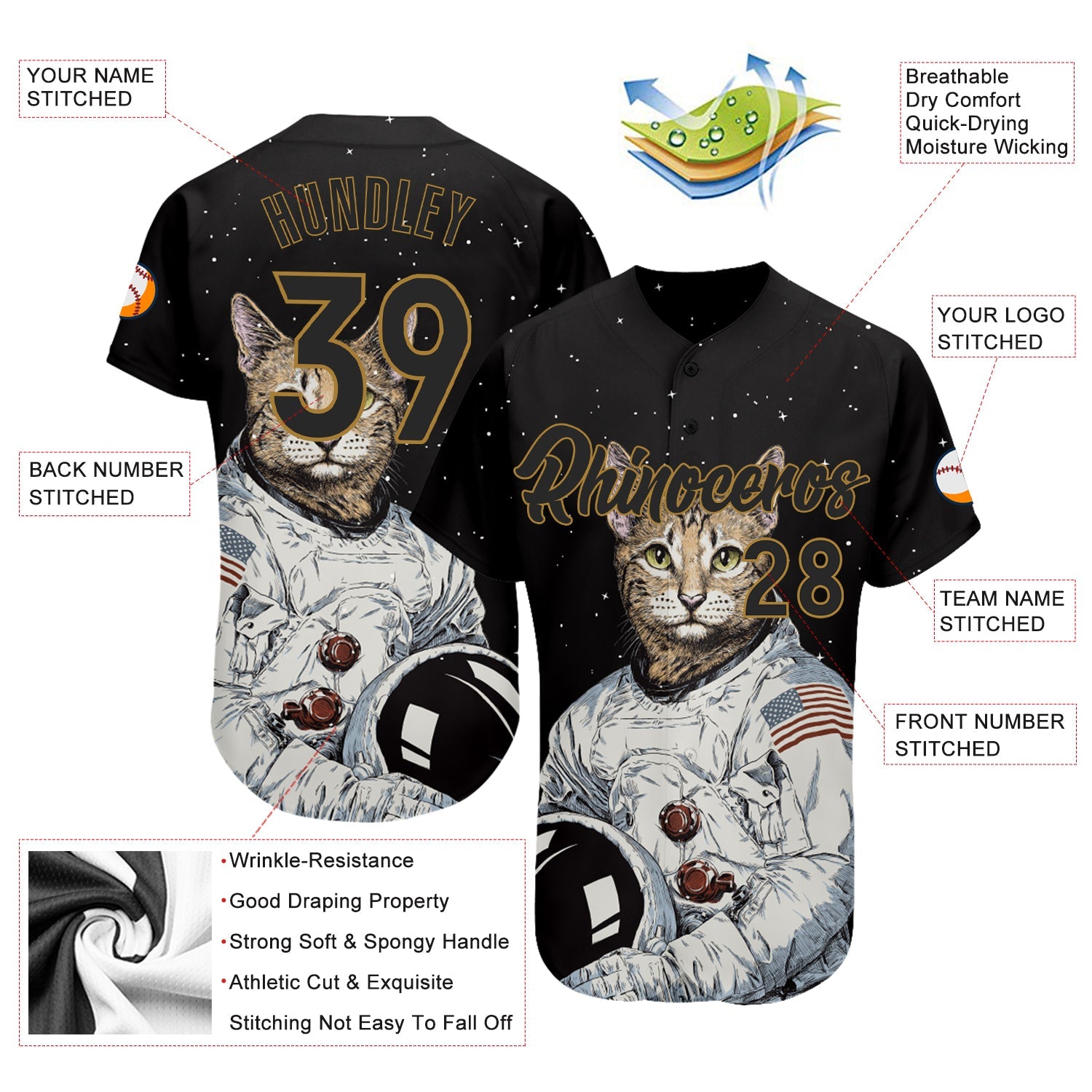 Custom Black Black-Old Gold 3D Pattern Design Astronaut Authentic Baseball Jersey - Sky-Custom