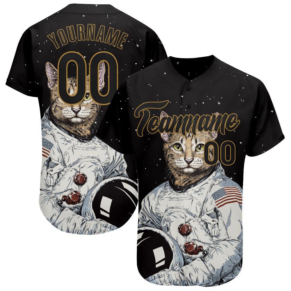 Custom Black Black-Old Gold 3D Pattern Design Astronaut Authentic Baseball Jersey - Sky-Custom