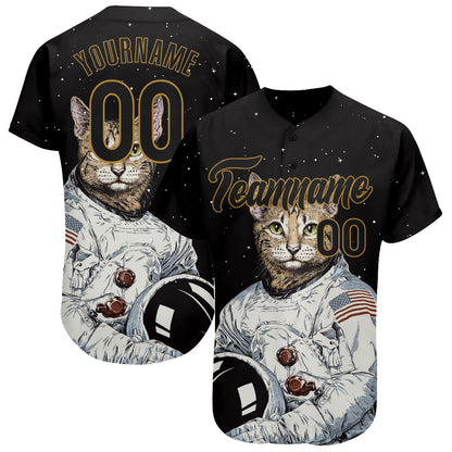 Custom Black Black-Old Gold 3D Pattern Design Astronaut Authentic Baseball Jersey - Sky-Custom