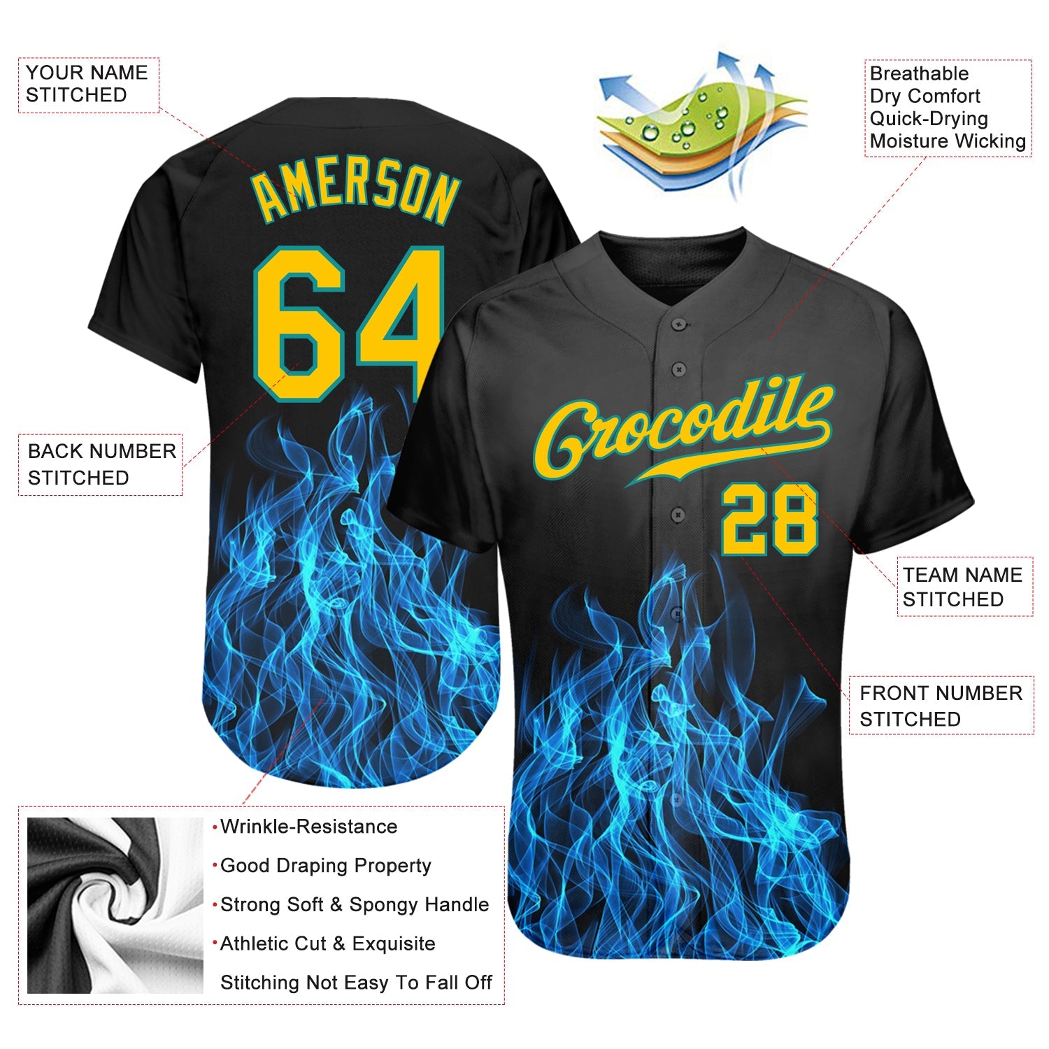 Custom Black Gold-Teal 3D Pattern Design Flame Authentic Baseball Jersey - Sky-Custom