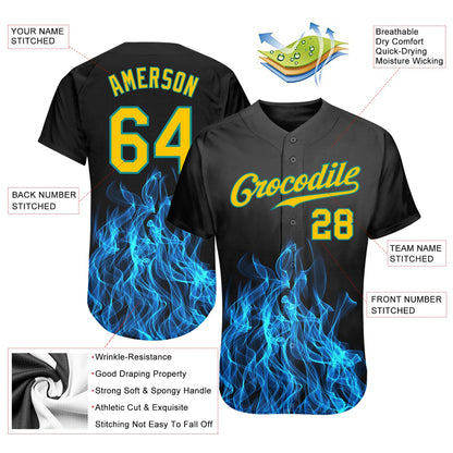 Custom Black Gold-Teal 3D Pattern Design Flame Authentic Baseball Jersey - Sky-Custom