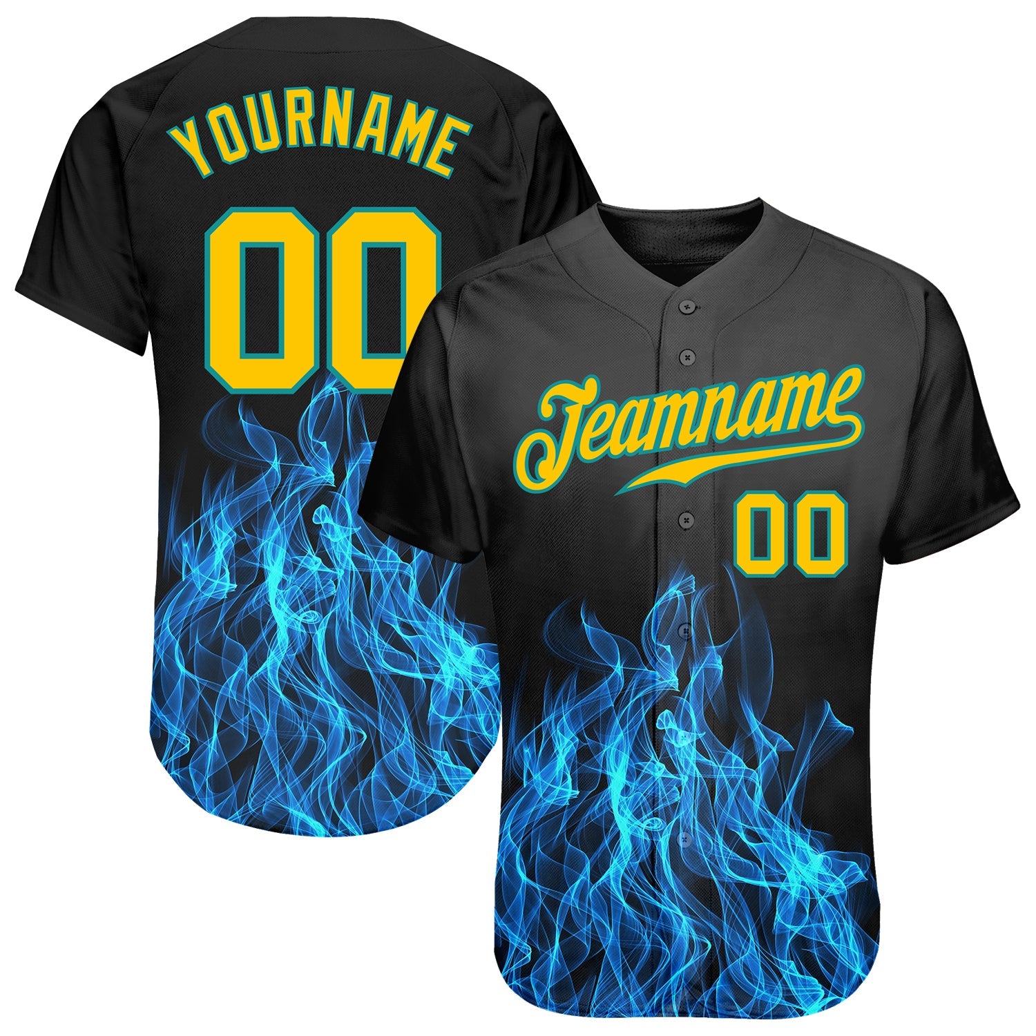 Custom Black Gold-Teal 3D Pattern Design Flame Authentic Baseball Jersey - Sky-Custom