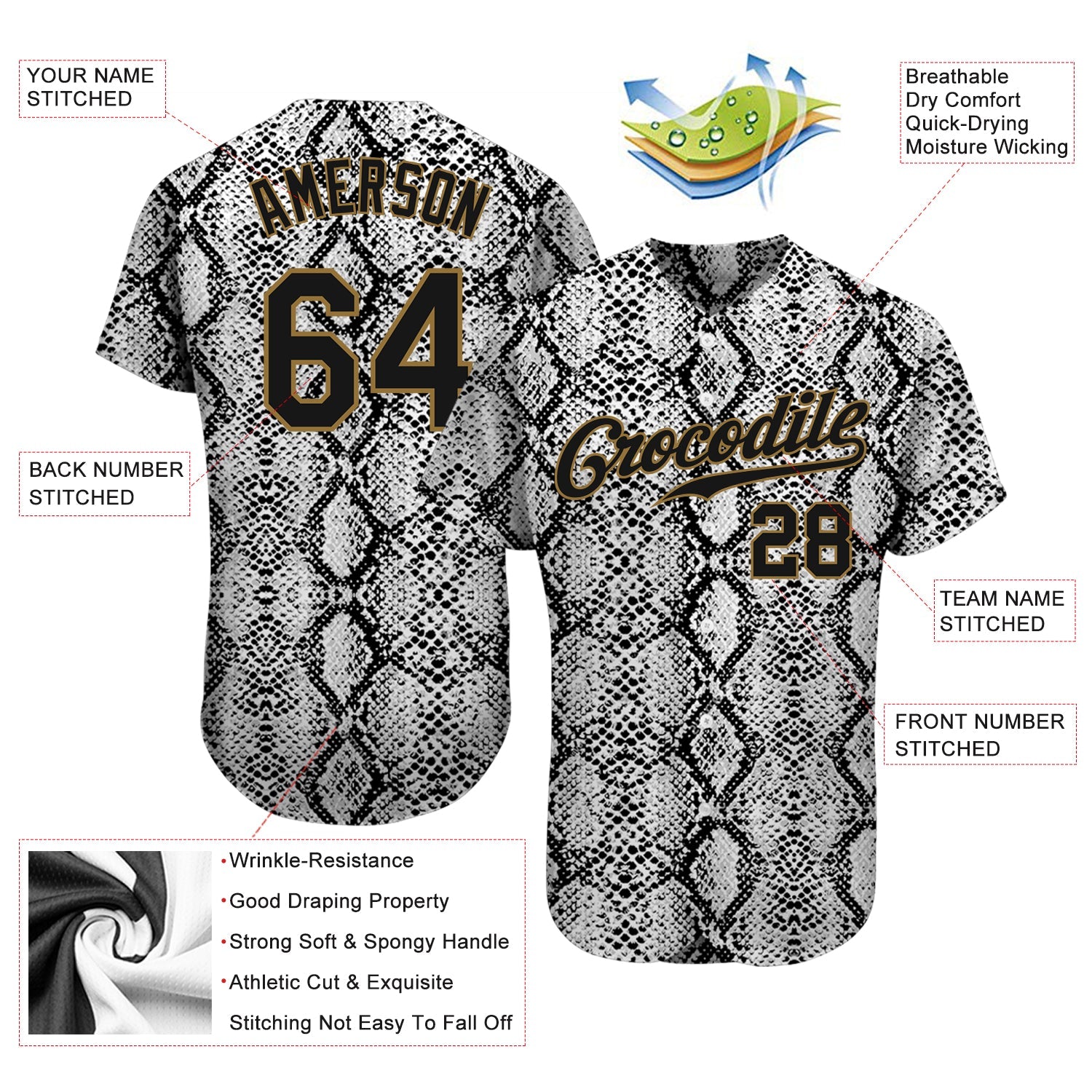 Custom Black Snakeskin Black-Old Gold 3D Pattern Design Authentic Baseball Jersey - Sky-Custom