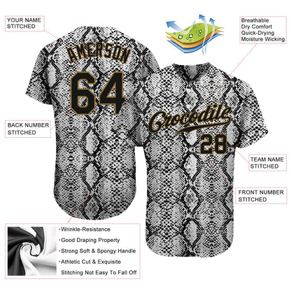 Custom Black Snakeskin Black-Old Gold 3D Pattern Design Authentic Baseball Jersey - Sky-Custom