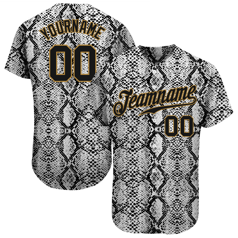 Custom Black Snakeskin Black-Old Gold 3D Pattern Design Authentic Baseball Jersey - Sky-Custom