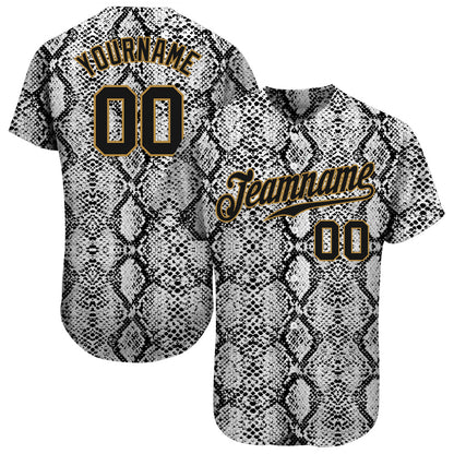 Custom Black Snakeskin Black-Old Gold 3D Pattern Design Authentic Baseball Jersey - Sky-Custom