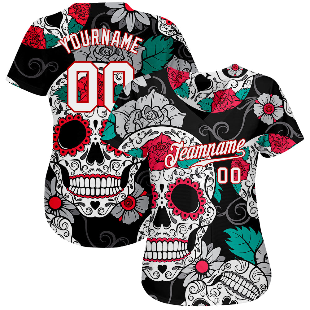Custom Black White-Red 3D Skull Fashion Authentic Baseball Jersey - Sky-Custom